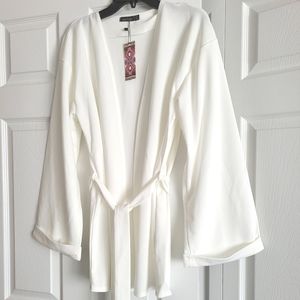 Tie Waist Flared Sleeve Collarless Blazer